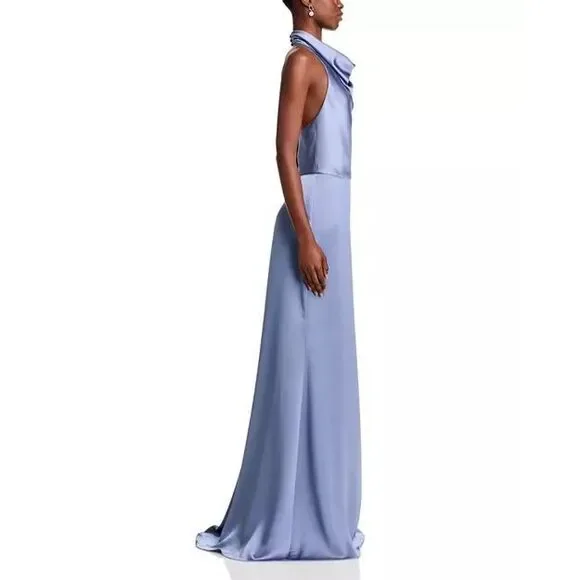NWOT Amsale Cowl Halter Open Back Sleeveless Satin Evening Gown French Blue  Sz 8